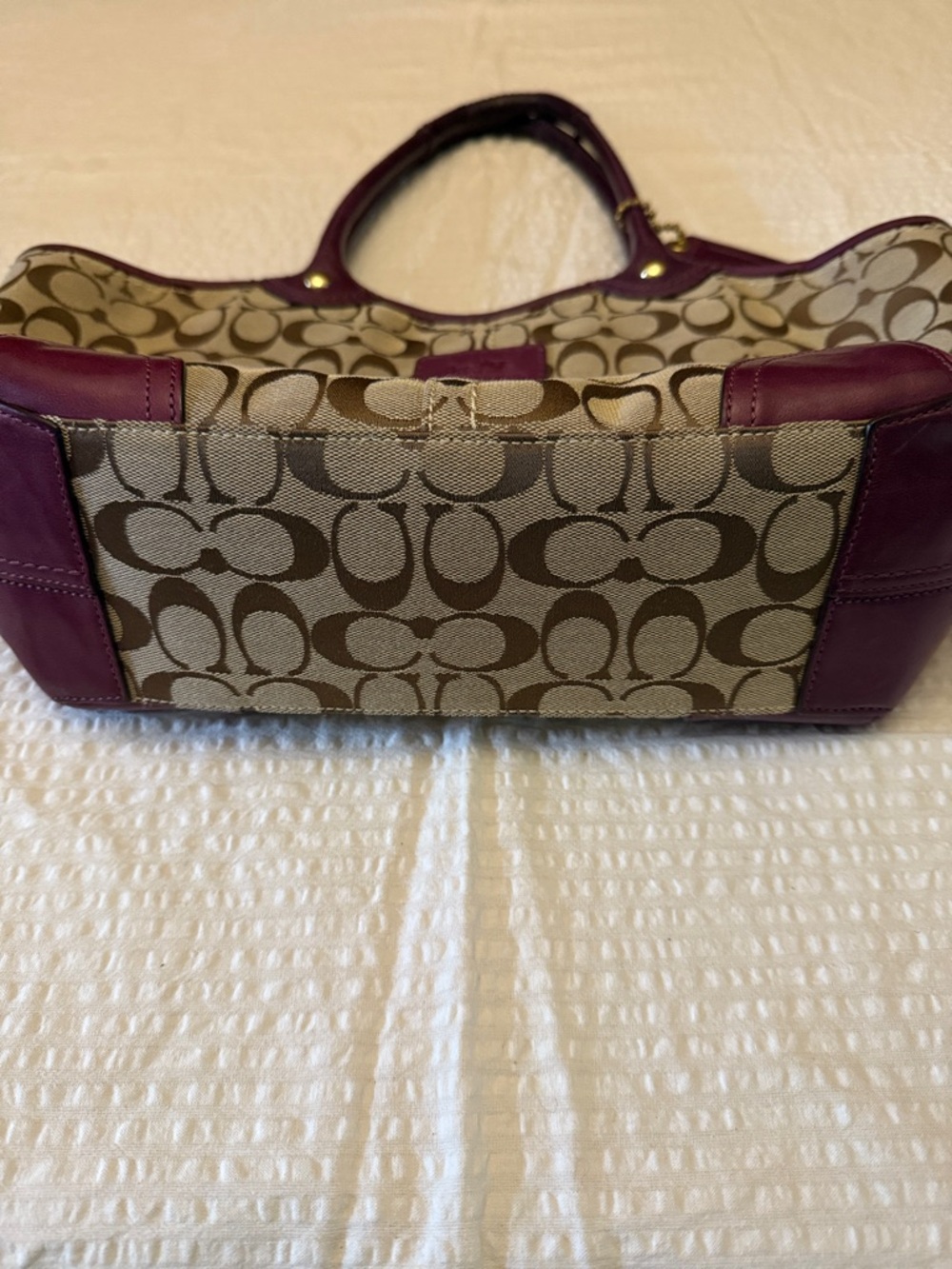 COACH Signature Stripe Tote with Plum Leather - Excellent condition! - Picture 4 of 8